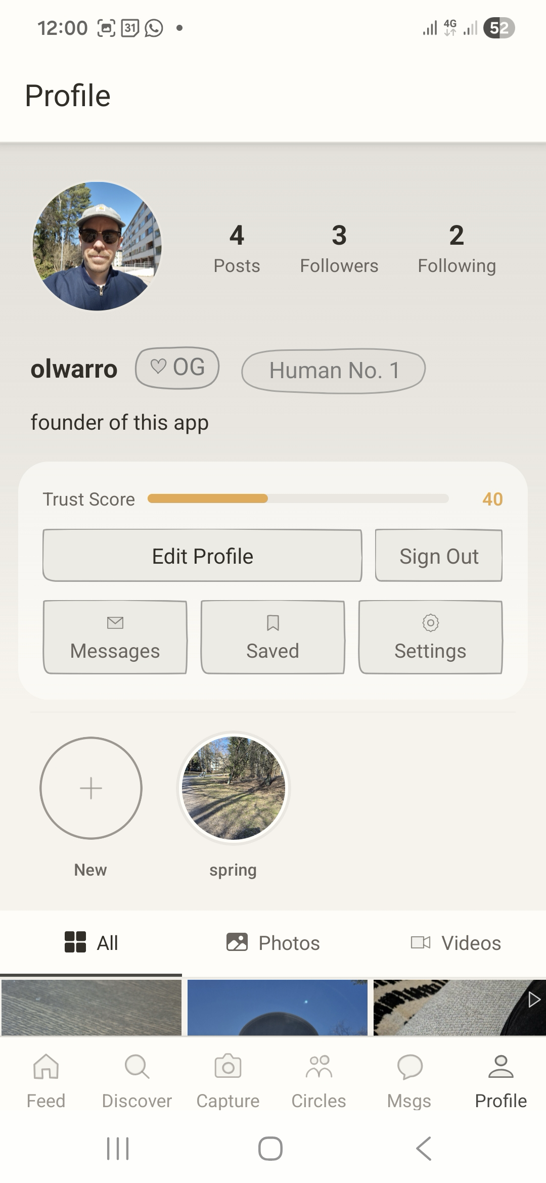 Profile with Trust Score, stories, and verification badges